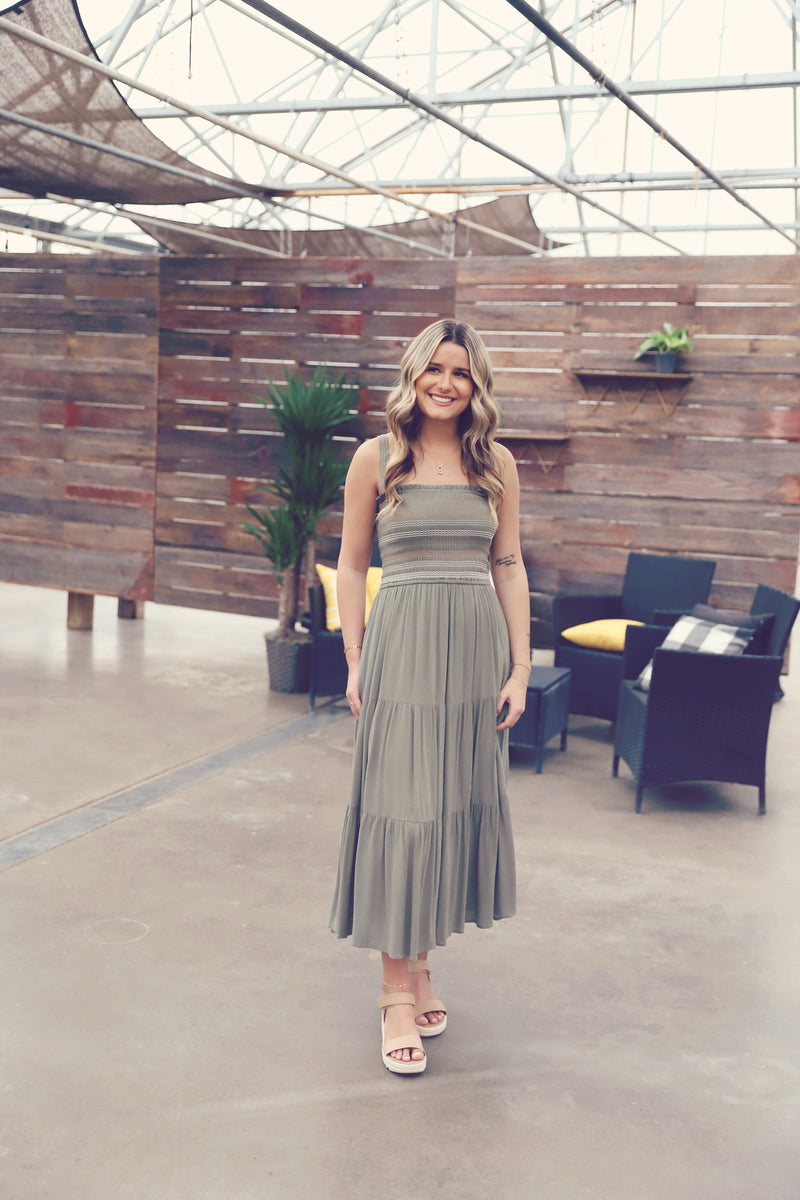 Olive Smocked Embroidered Midi Dress Silo Apparel Olive Smocked Embroidered Midi Dress Silo Apparel