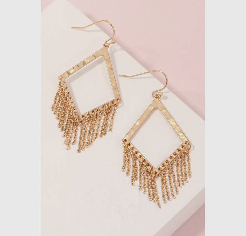 Gold Square Chain Fringe Drop Earrings