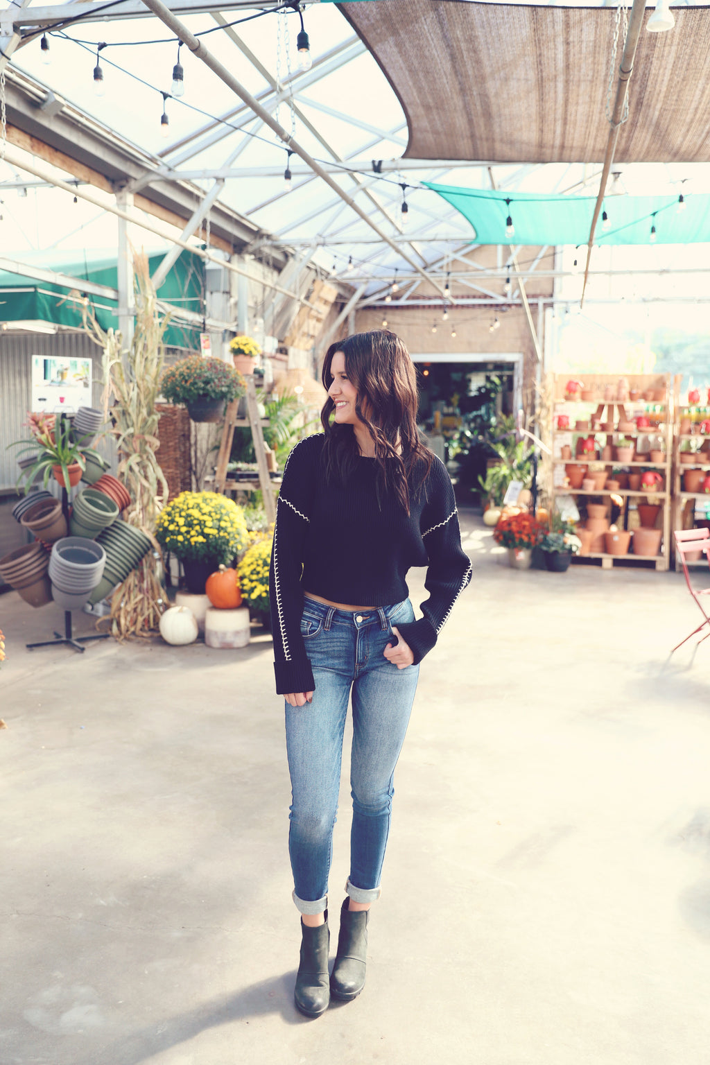 Black Stitch Seam Ribbed Sweater