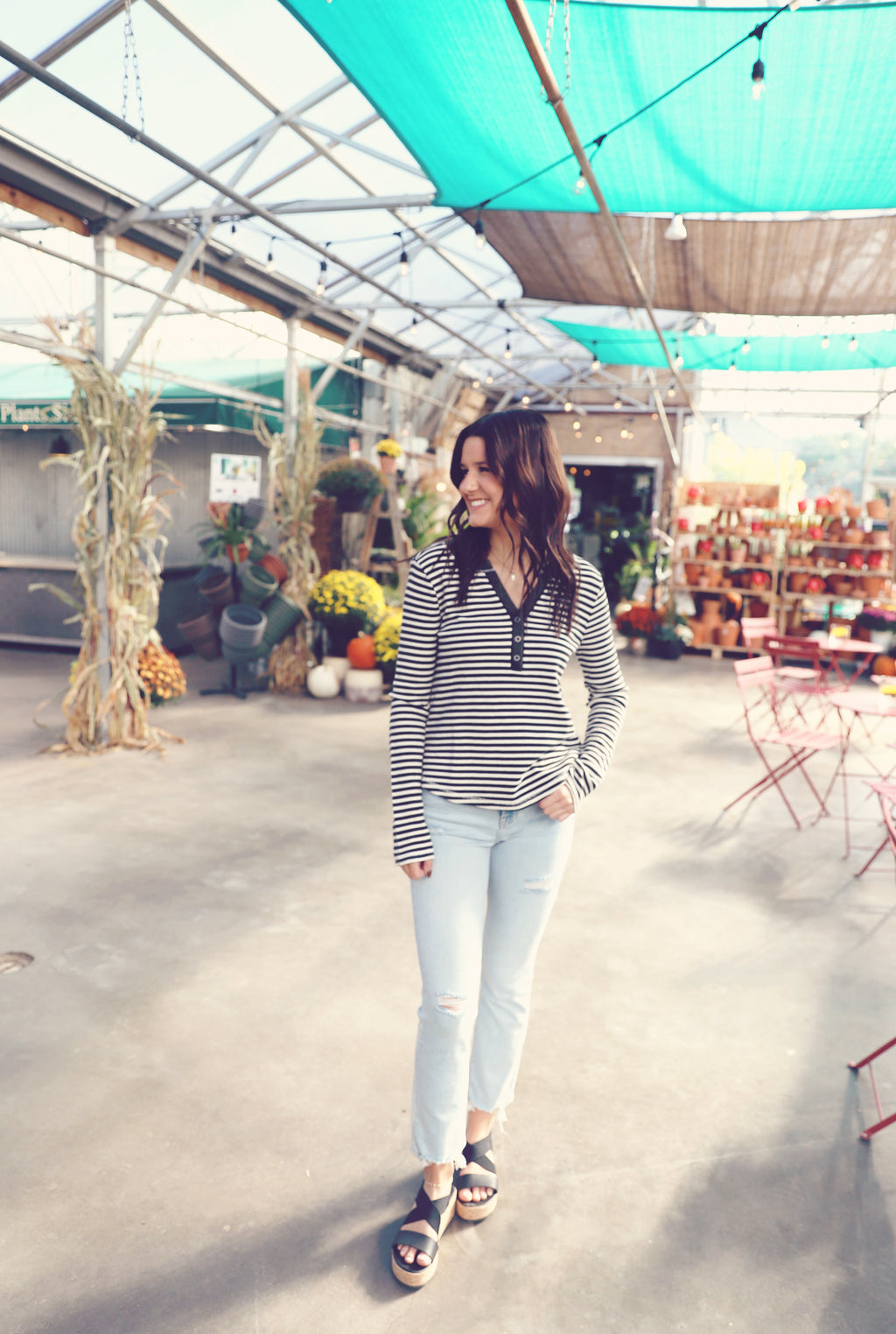 Black Striped Washed Henley Top