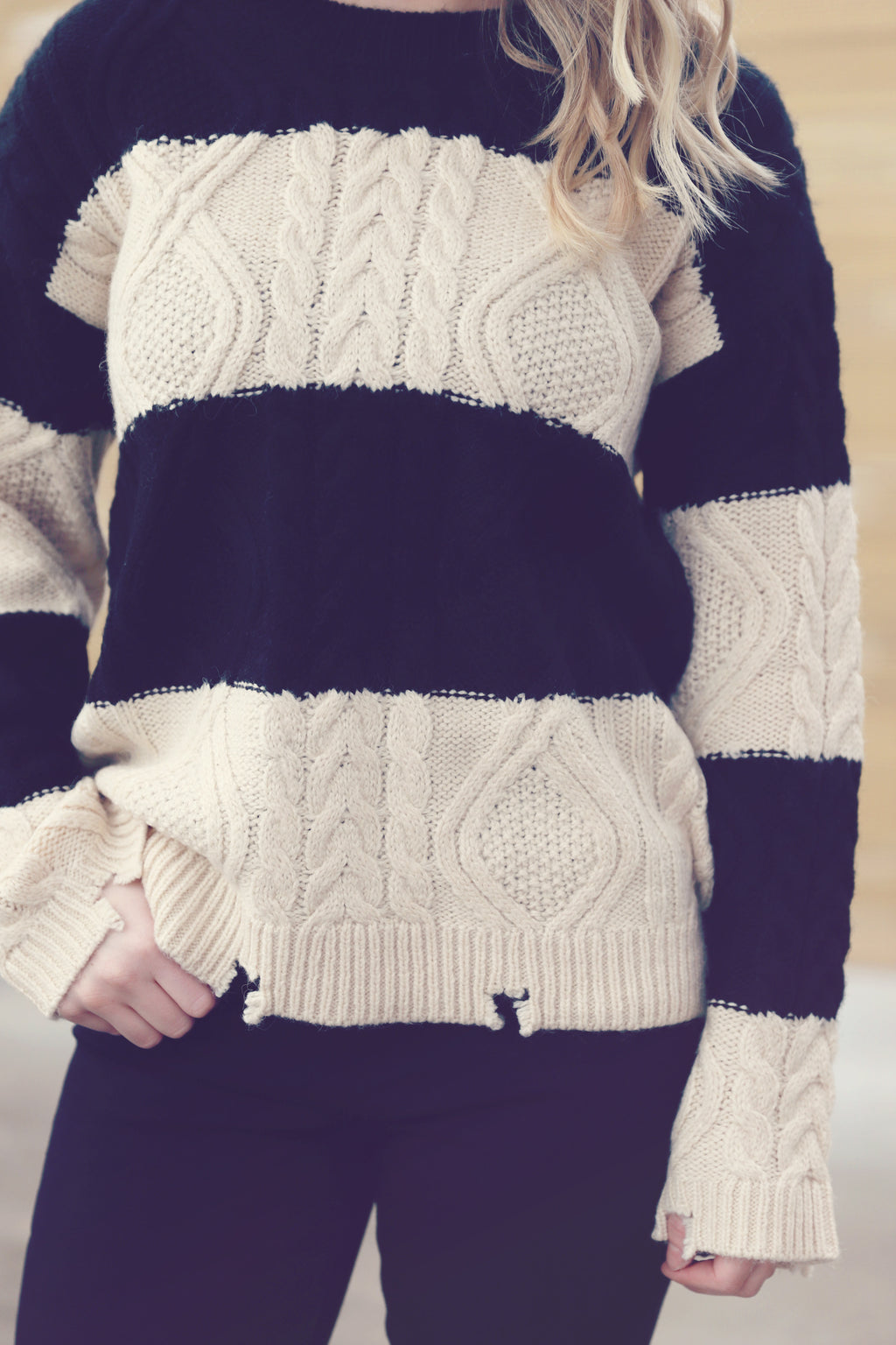 Black & Taupe Stripe Cable Knit Sweater
