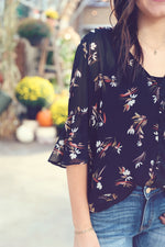 Black Sheer Floral Half Sleeve Blouse