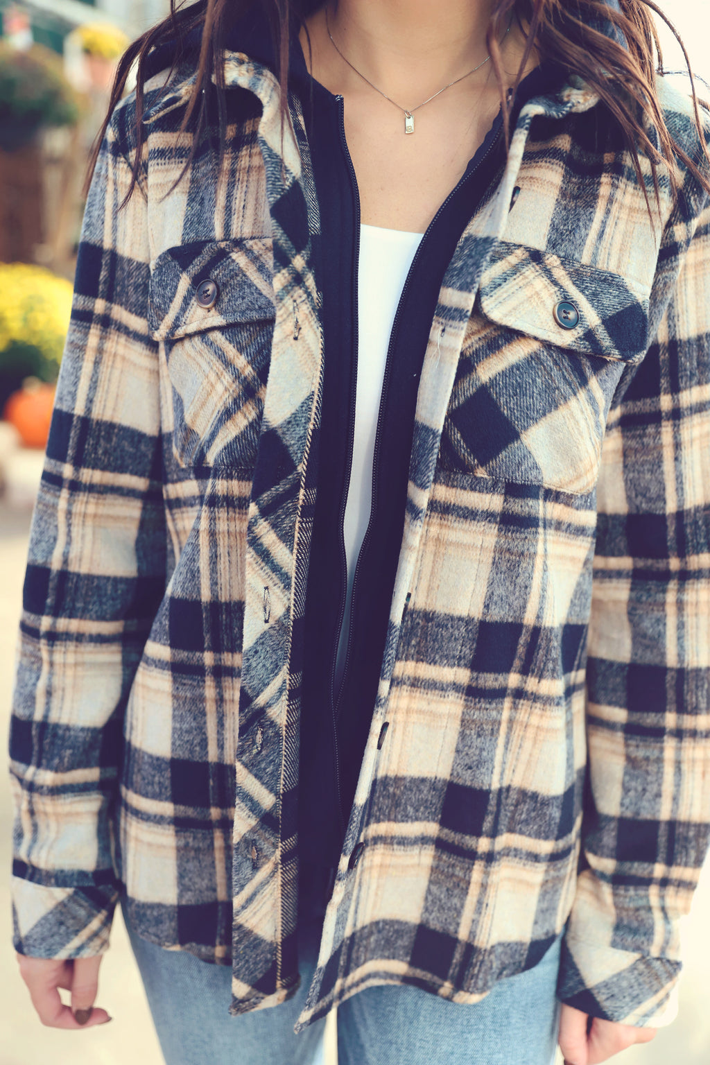 Navy Plaid Hoodie Shacket