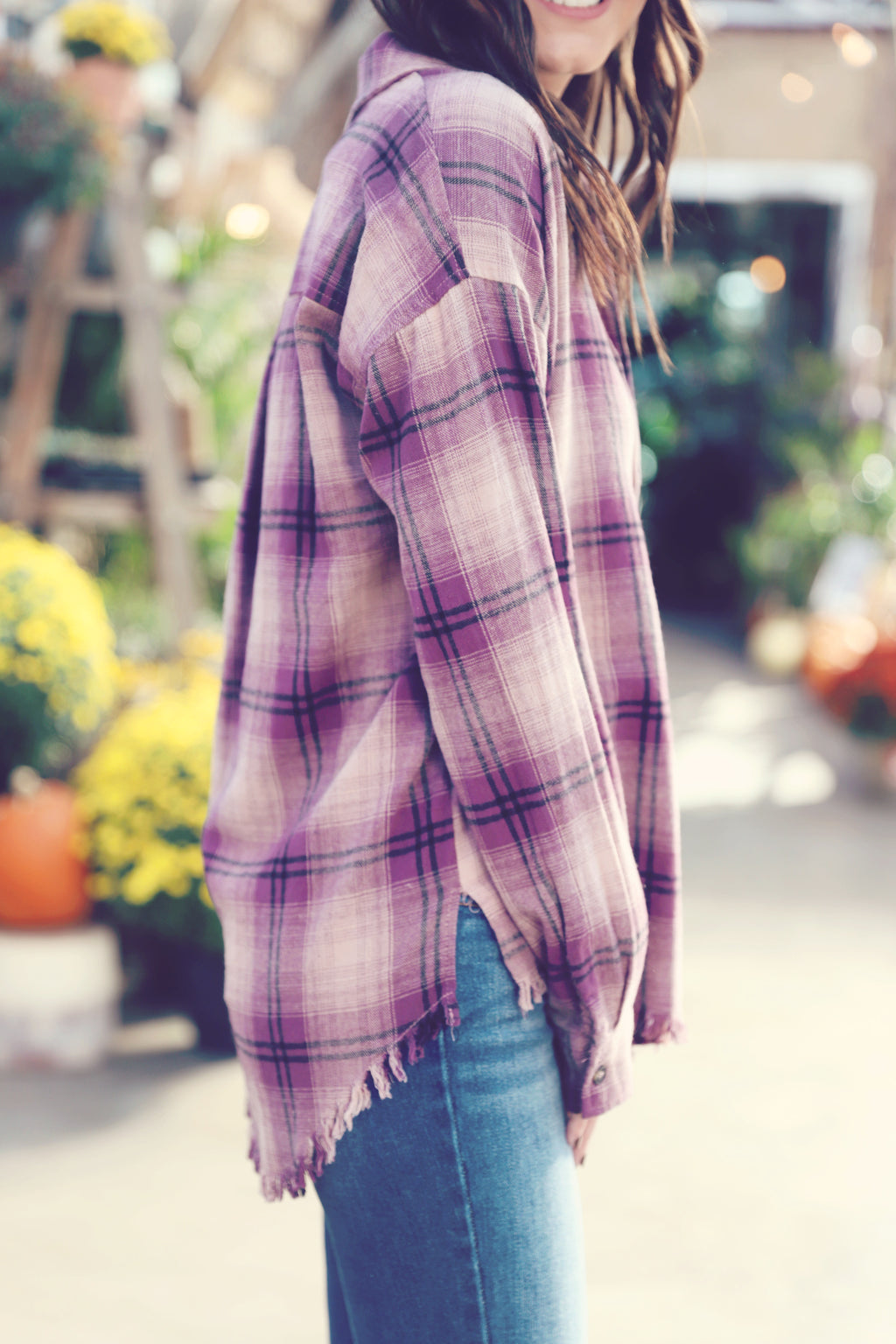 Mauve Plaid Distressed Button Down Top