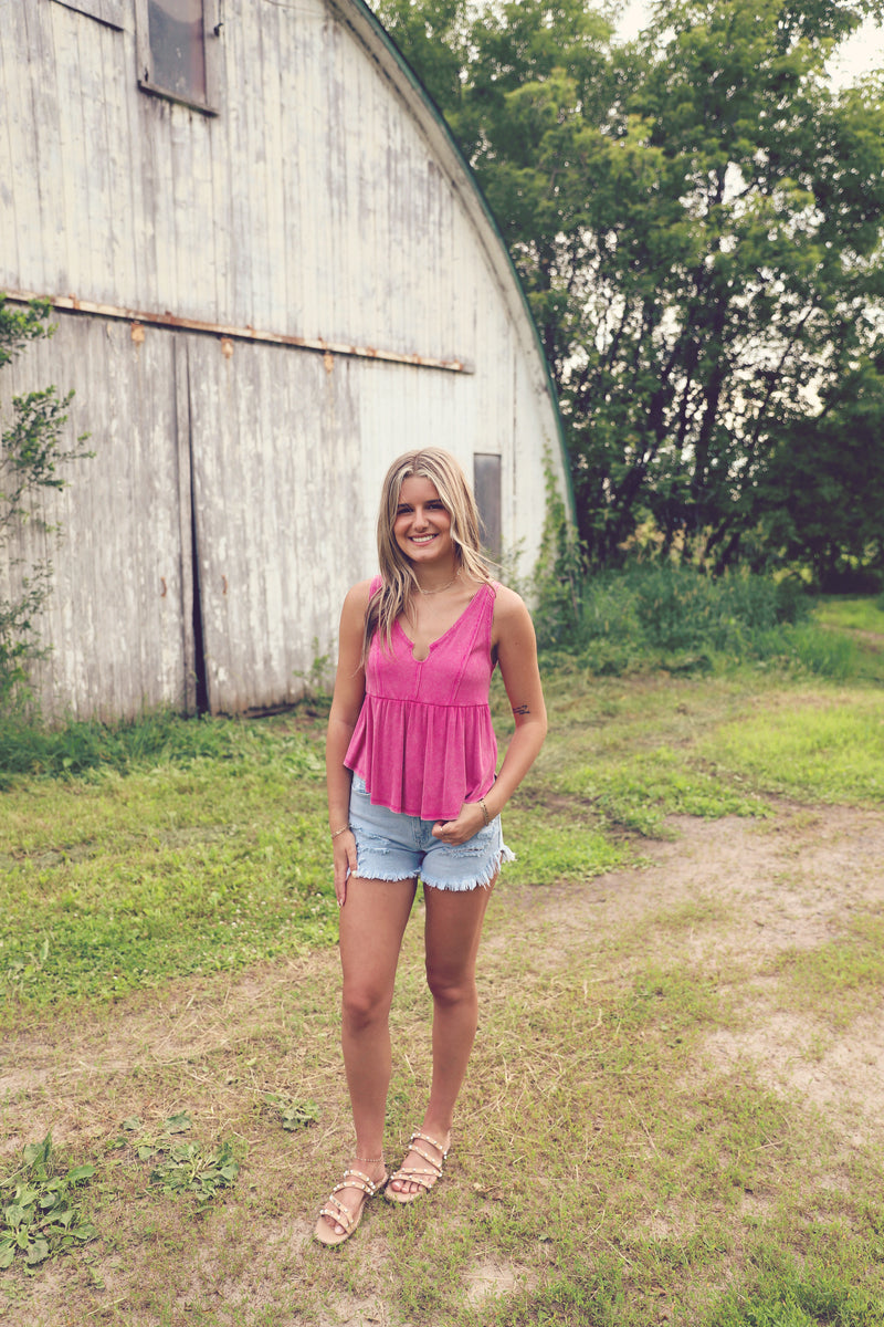 Washed Fuschia Ribbed Babydoll Top