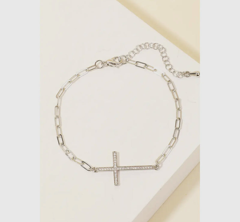 Silver Pave Cross Charm Chain Bracelet