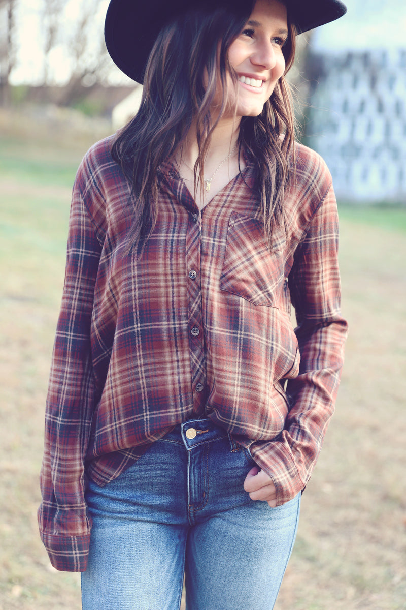 Burgundy Button Down Flannel Top