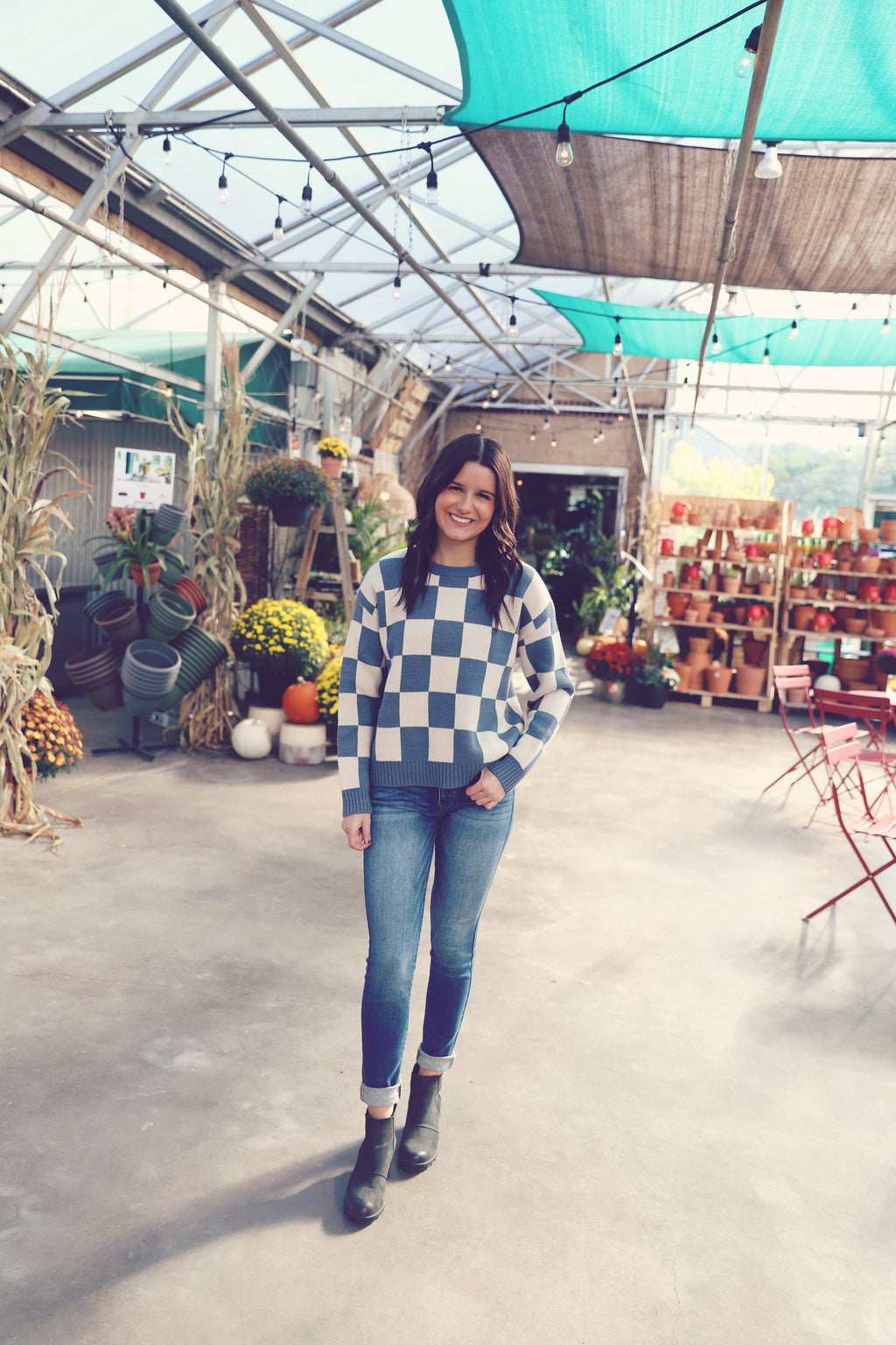 Blue Checker Print Crew Neck Sweater