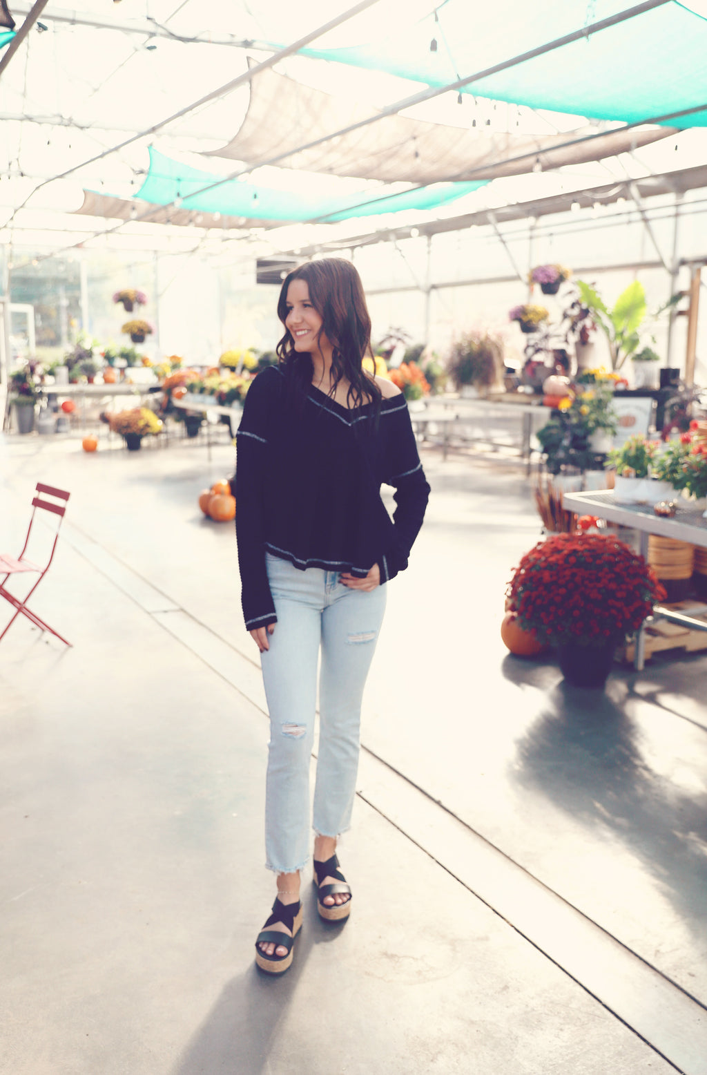 Black Textured V-Neck Oversized Tee