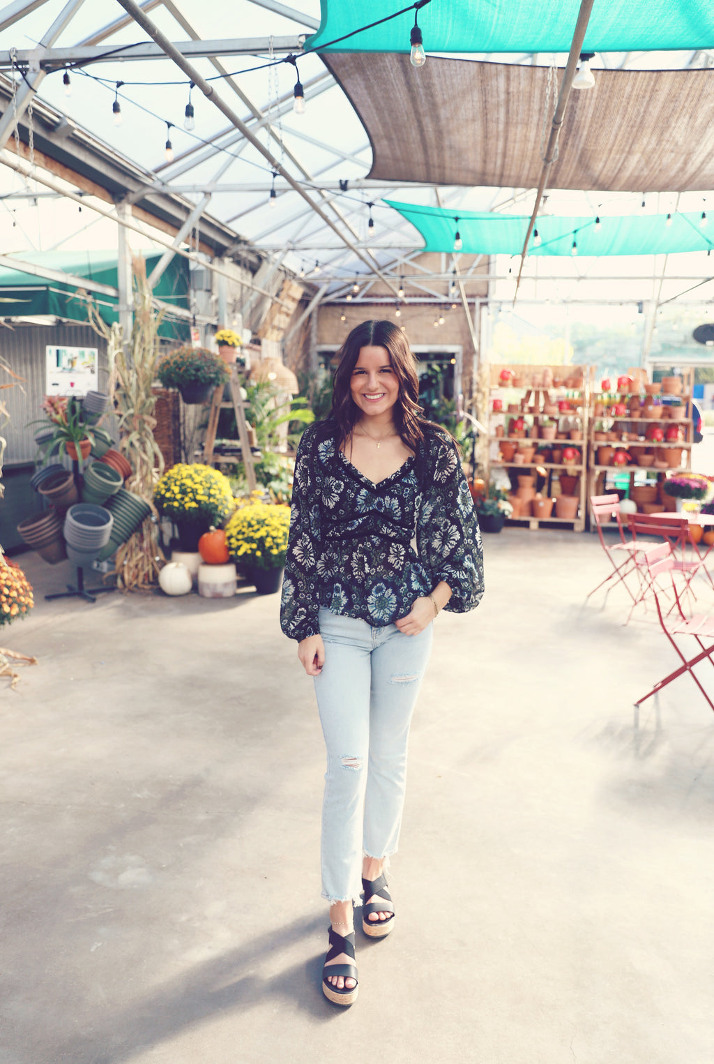 Black Floral Sheer Bubble Sleeve Blouse