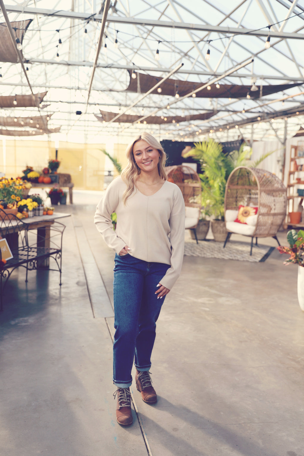 Oatmeal V-Neck Front Seam Sweater