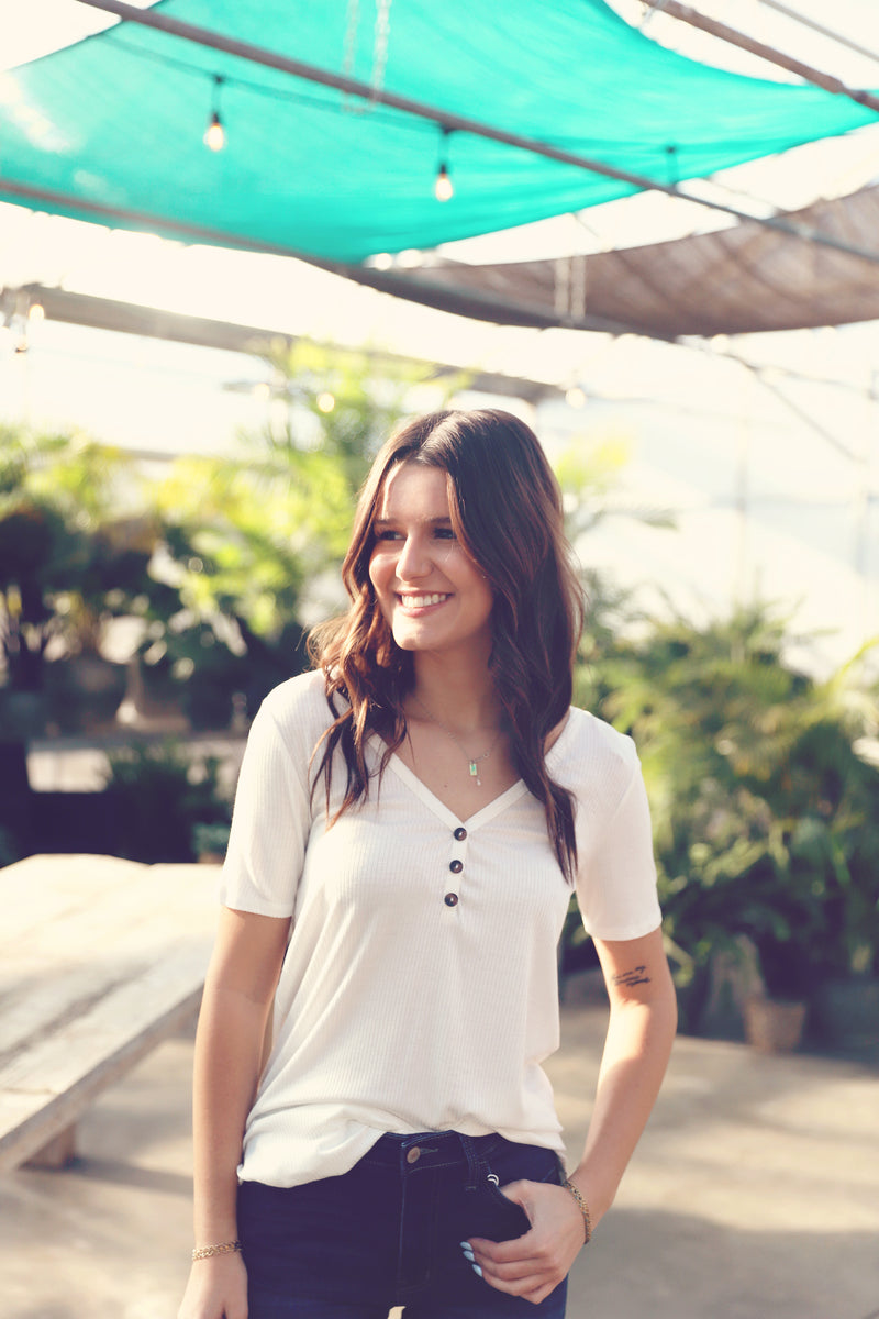 Ivory Basic Button V-Neck Tee