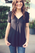 Black Basic Button V-Neck Tee