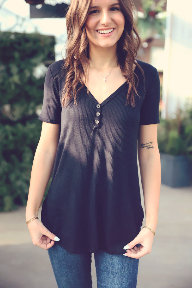 Black Basic Button V-Neck Tee