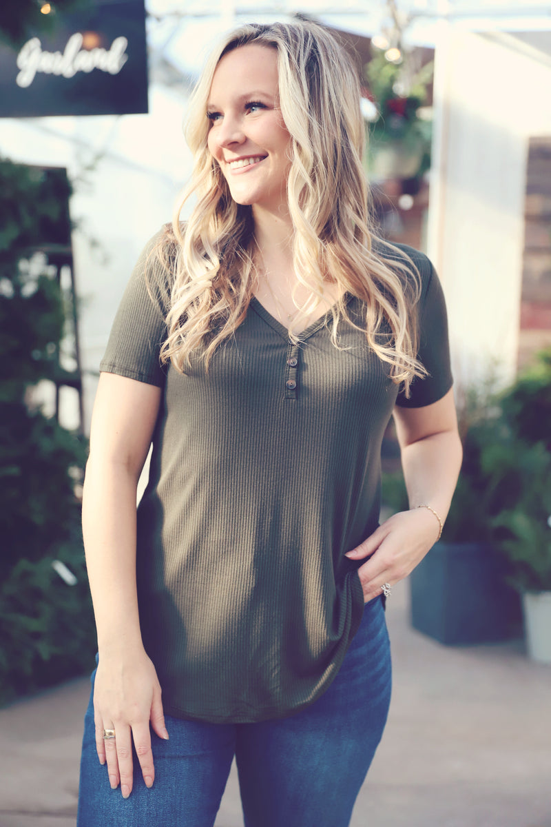 Olive Basic Button V-Neck Tee