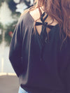 Black Brushed Knit Ribbon Detail Top