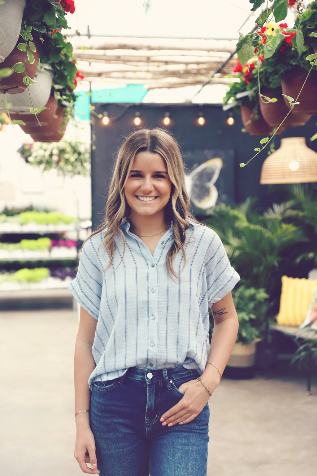 Denim Blue Stripe Button Down Top