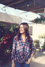 Navy Plaid Wrap Front Button Down