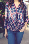 Navy Plaid Wrap Front Button Down