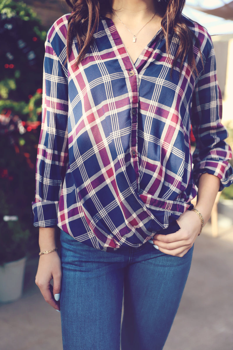 Navy Plaid Wrap Front Button Down