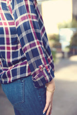 Navy Plaid Wrap Front Button Down