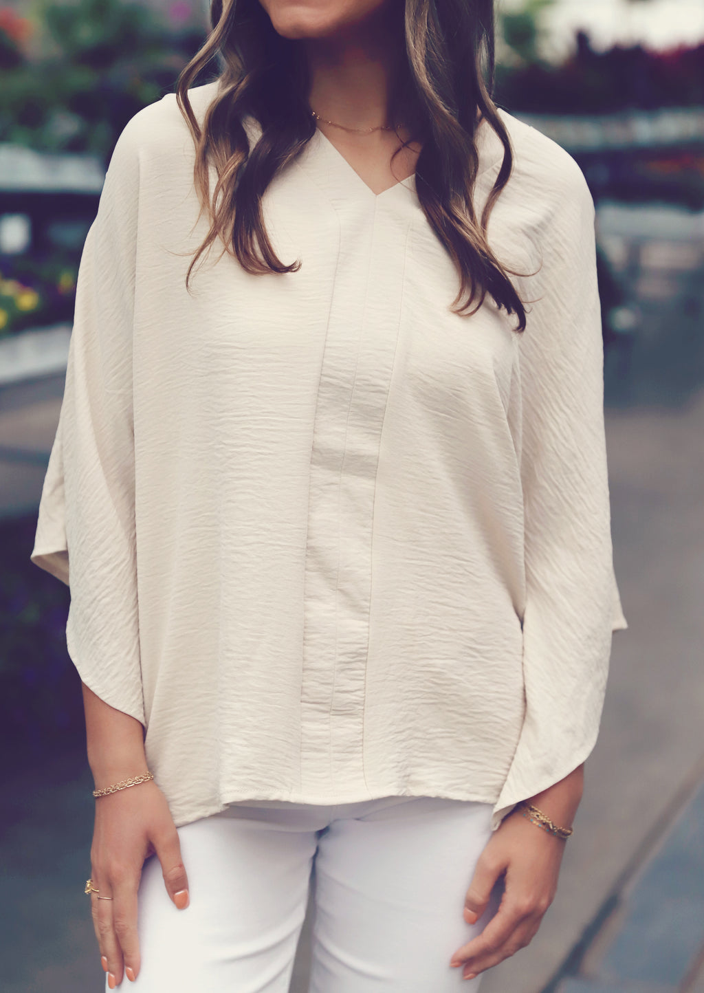 Taupe V-Neck Draped Sleeve Blouse