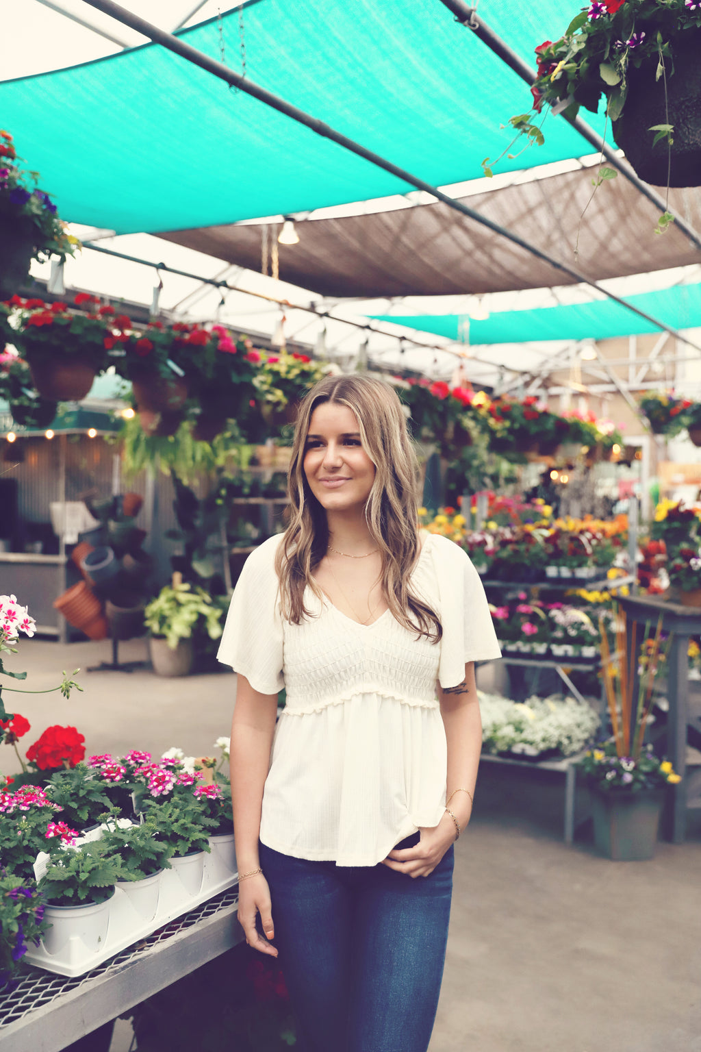 Oatmeal Shirred Flutter Sleeve Top