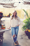 Natural Raw Seam Notched V-Neck Sweater
