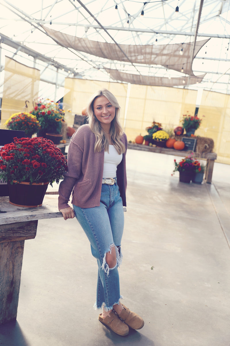 Mauve Chunky Ribbed Raw Seam Cardigan