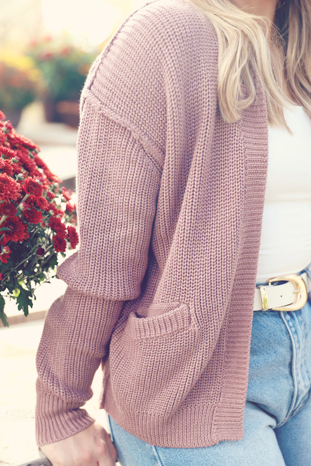 Mauve Chunky Ribbed Raw Seam Cardigan