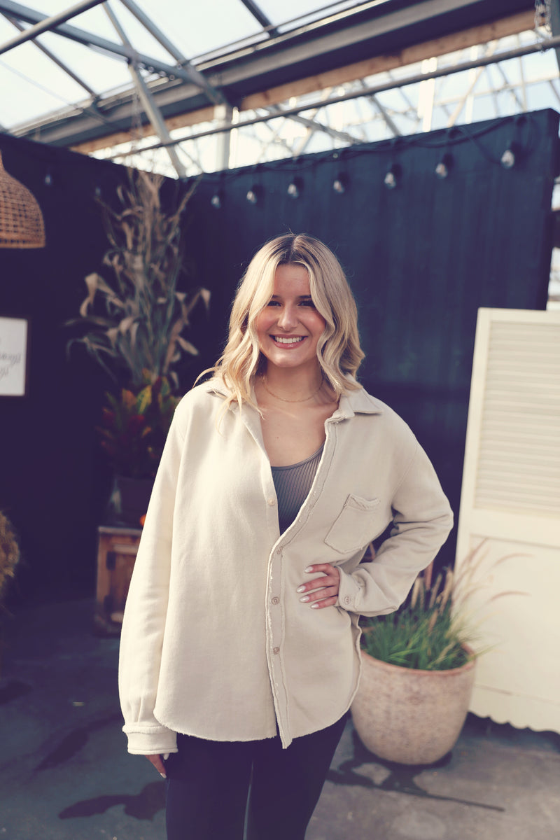 Cream Raw Edge Button Down Shacket