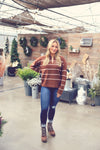 Brown Split V-Neck Striped Sweater