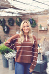 Brown Split V-Neck Striped Sweater