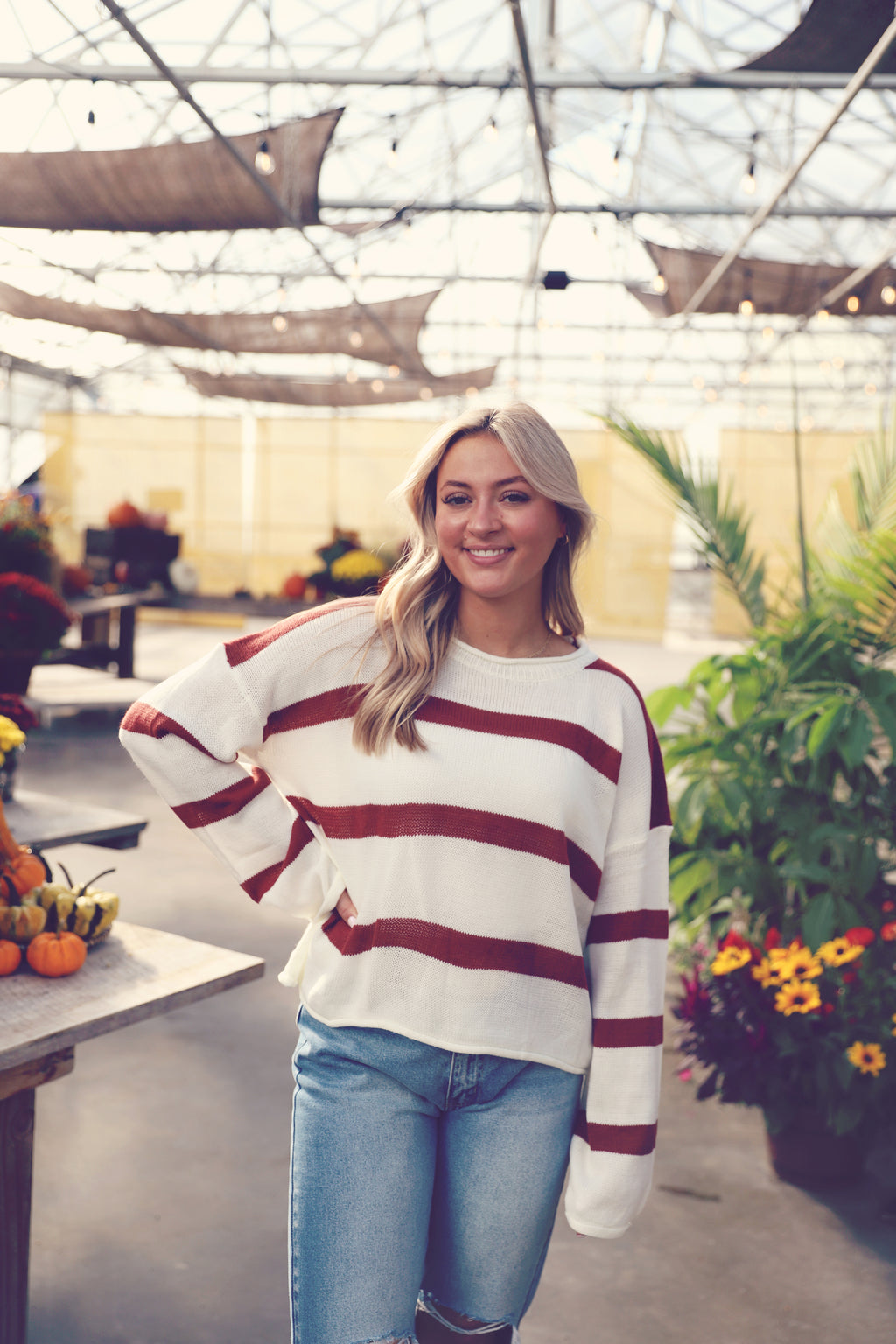 Rust Striped Crew Neck Sweater