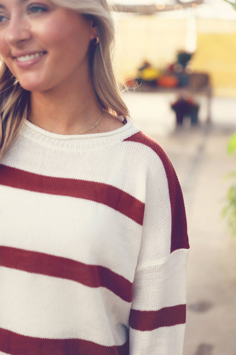 Rust Striped Crew Neck Sweater