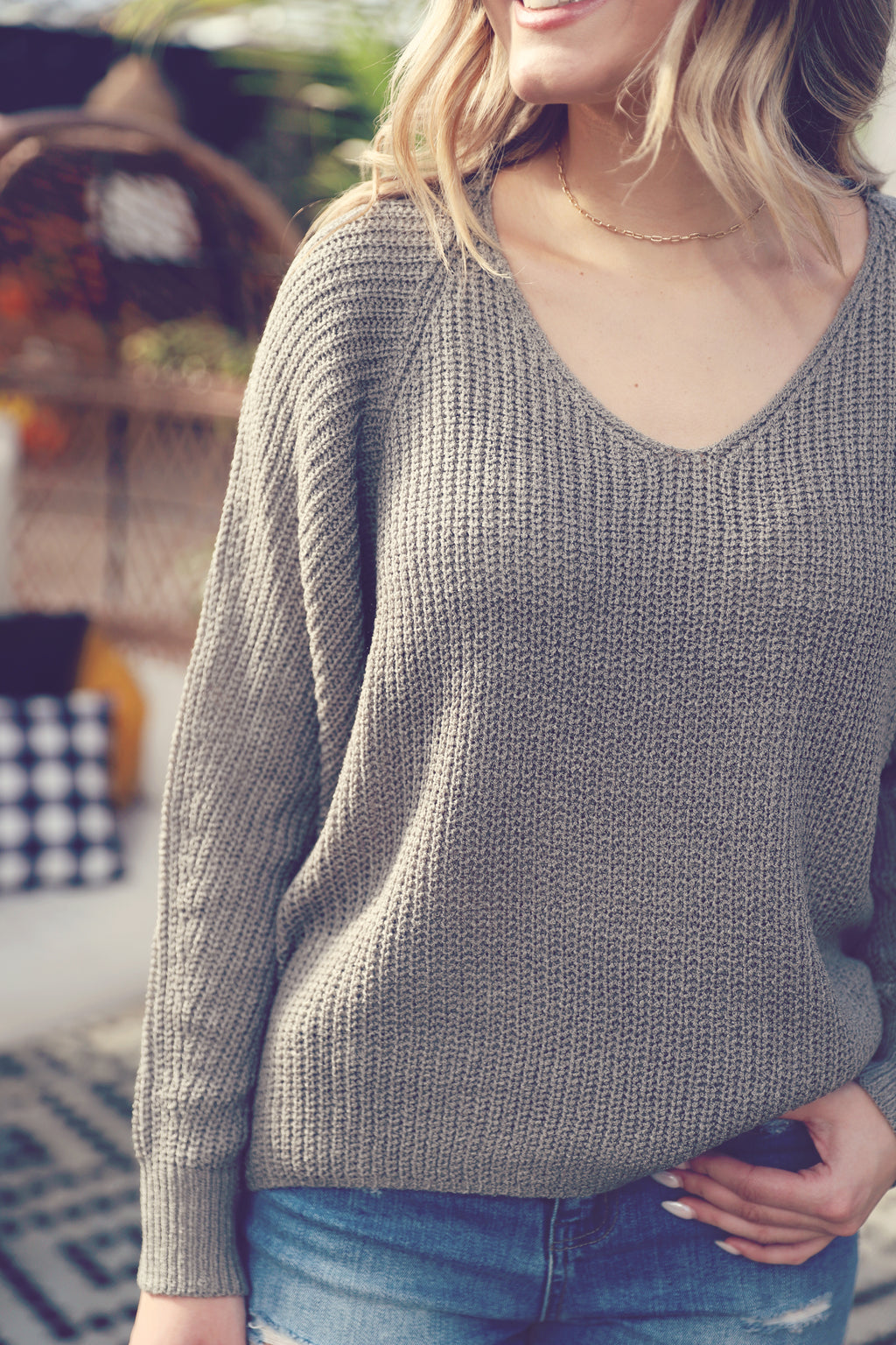 Dusty Sage V-Neck Ribbed Sweater