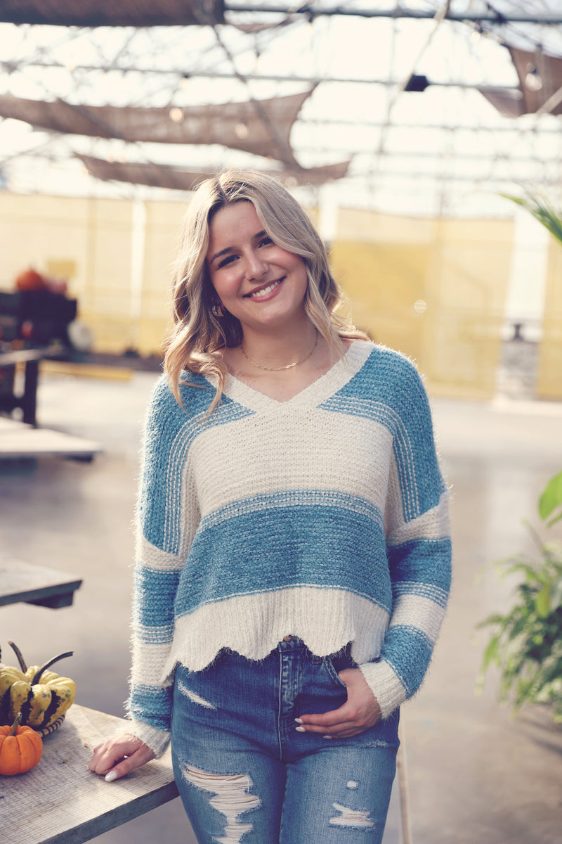 Blue Striped Fuzzy Knit Crop Sweater