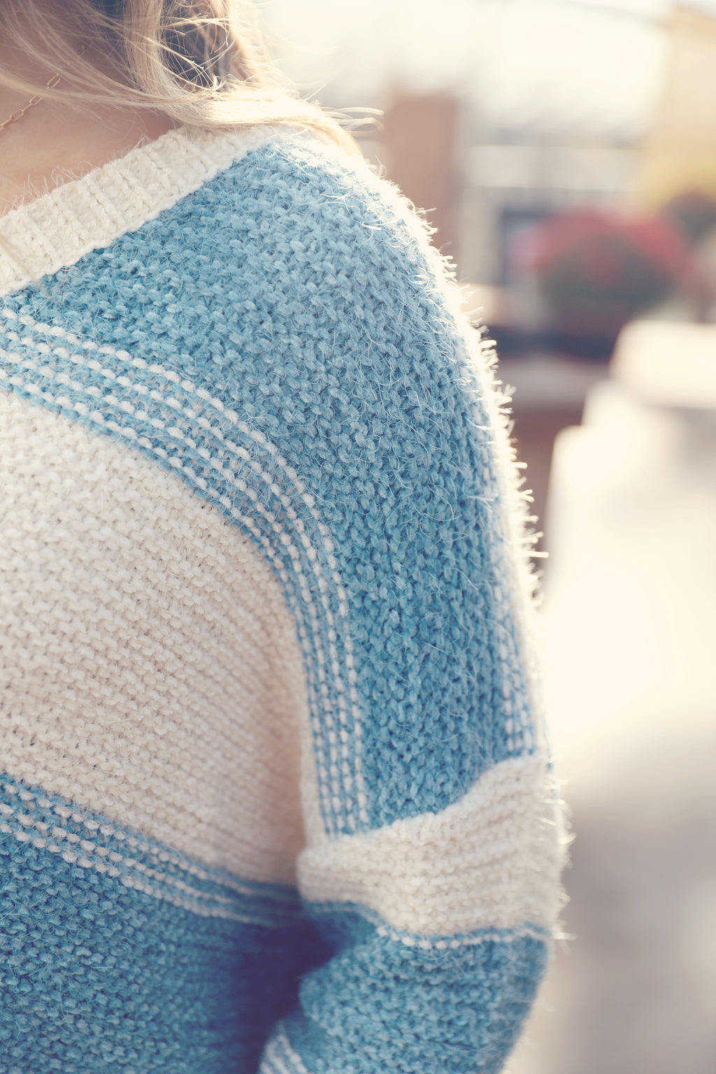 Blue Striped Fuzzy Knit Crop Sweater