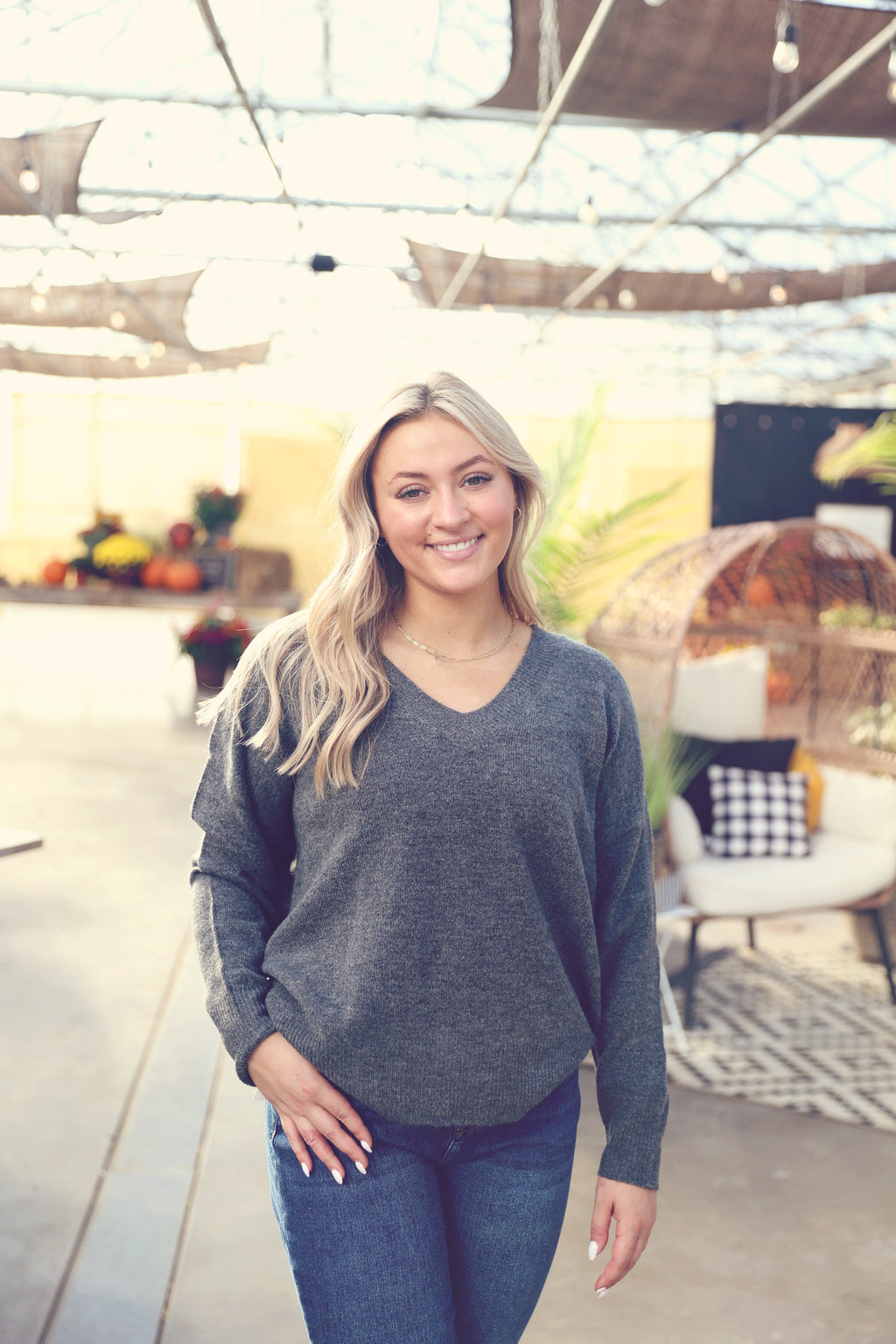 Charcoal V-Neck Drop Shoulder Sweater