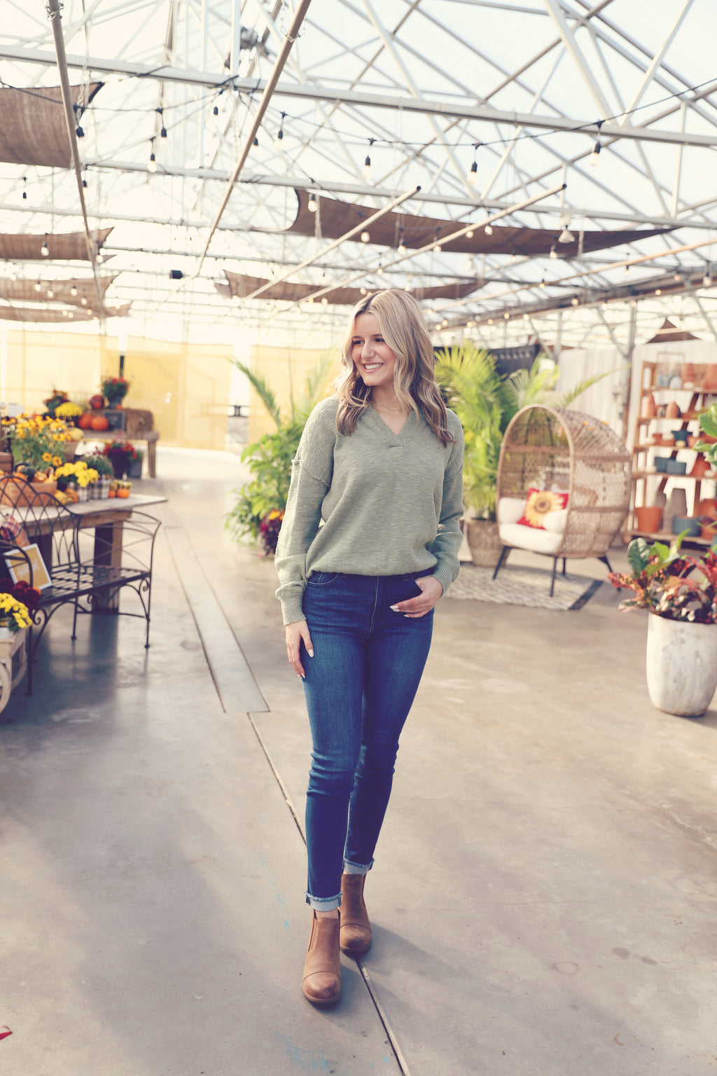 Sage Raw Seam Notched V-Neck Sweater