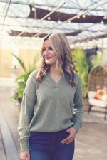 Sage Raw Seam Notched V-Neck Sweater