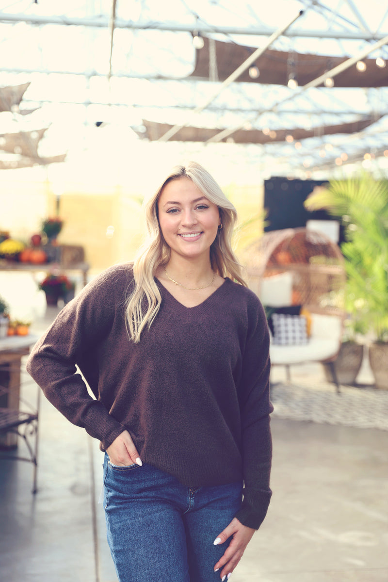 Dark Mocha V-Neck Drop Shoulder Sweater