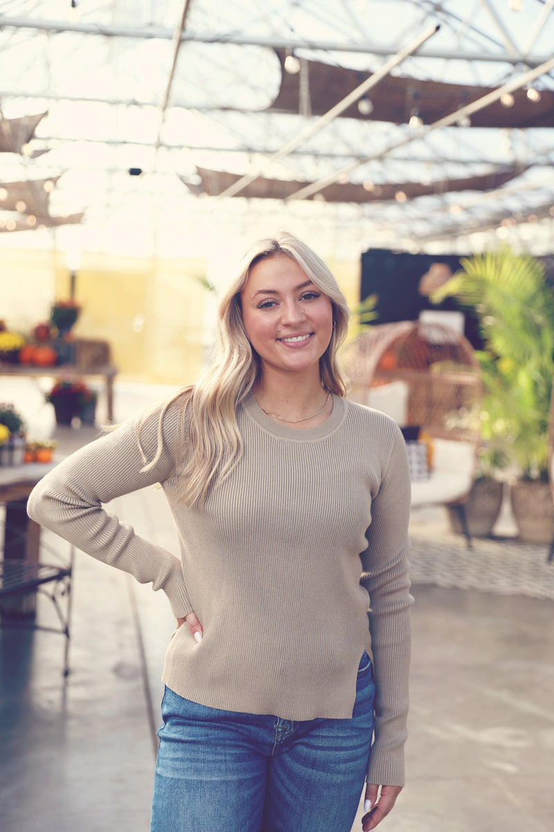 Taupe Classic Ribbed Knit Sweater