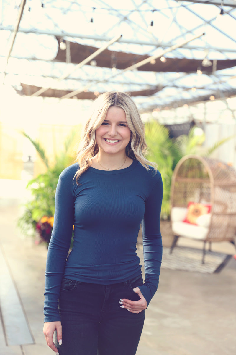 Midnight Navy Micro Rib Long Sleeve Top