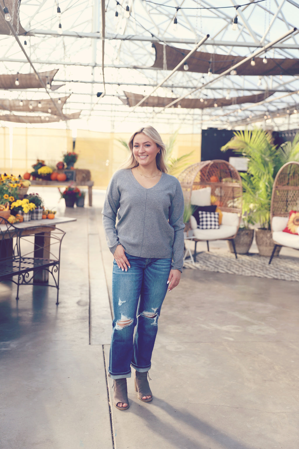 Grey V-Neck Front Seam Sweater
