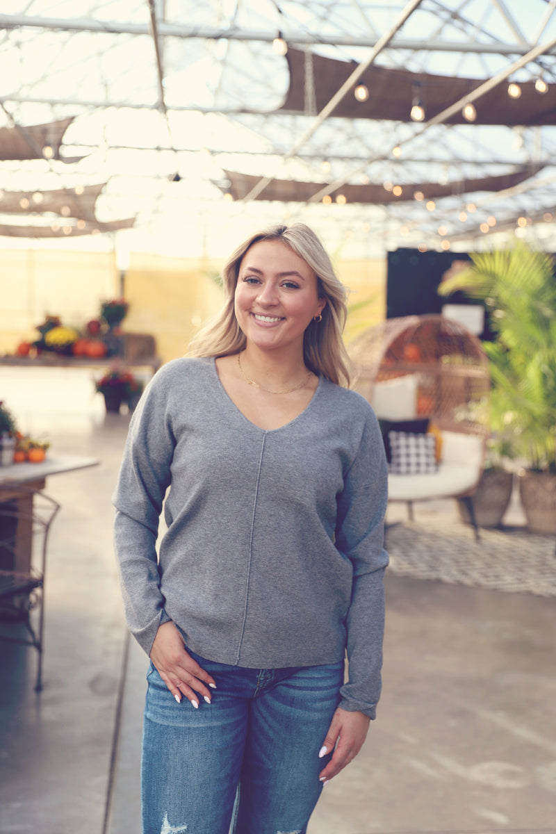 Grey V-Neck Front Seam Sweater