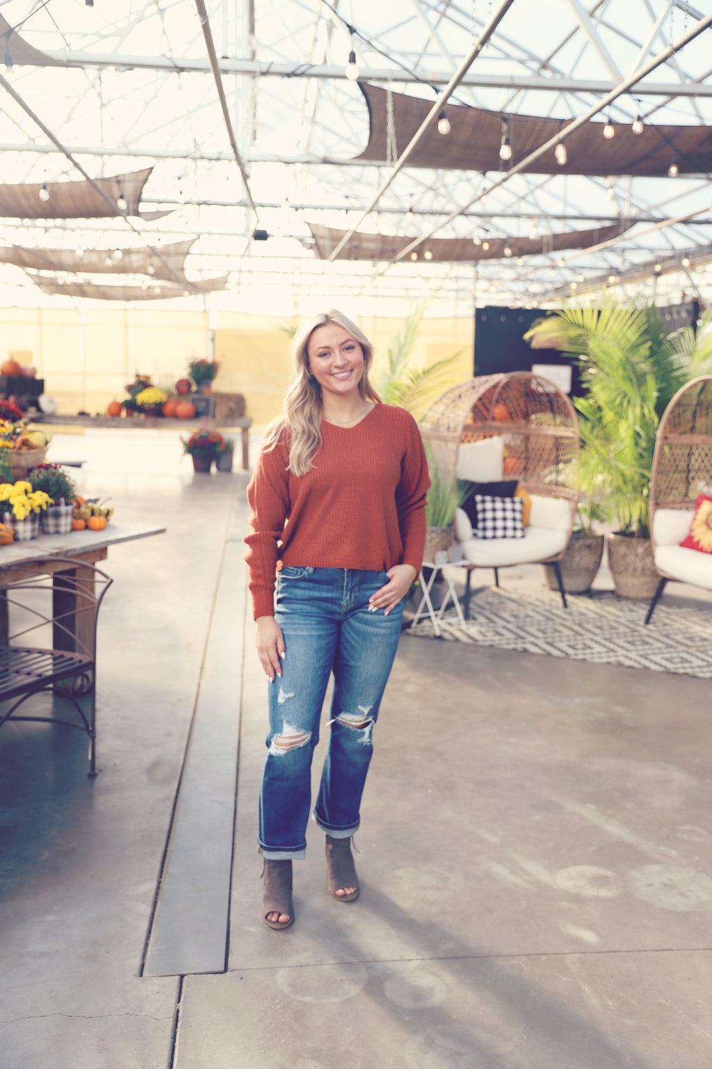 Rust V-Neck Ribbed Sweater