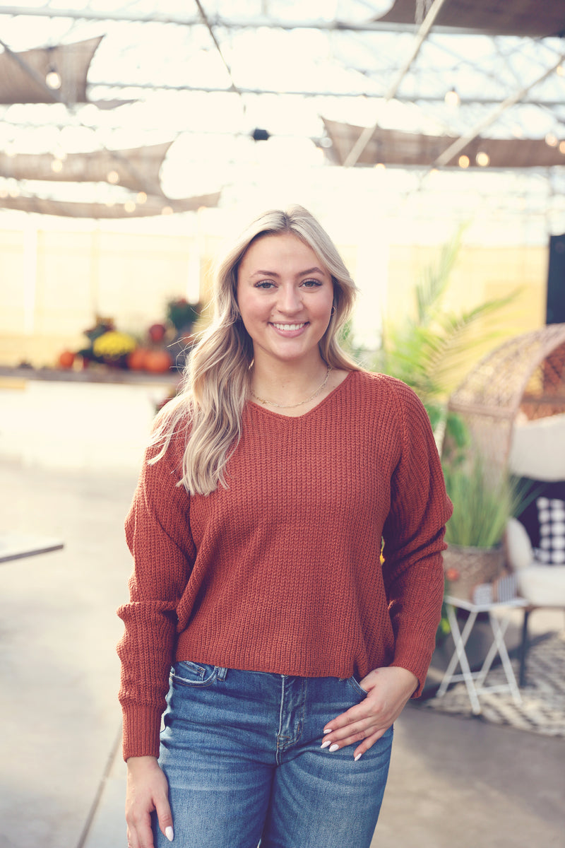 Rust V-Neck Ribbed Sweater