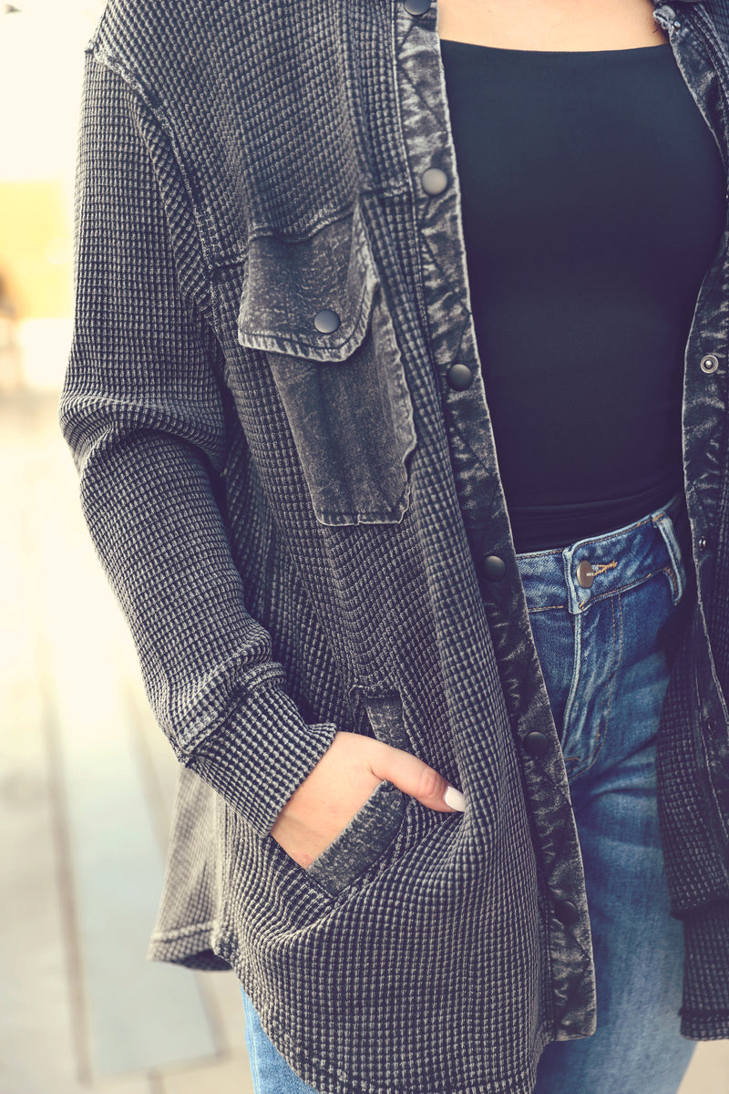 Black Mineral Washed Waffle Knit Shacket