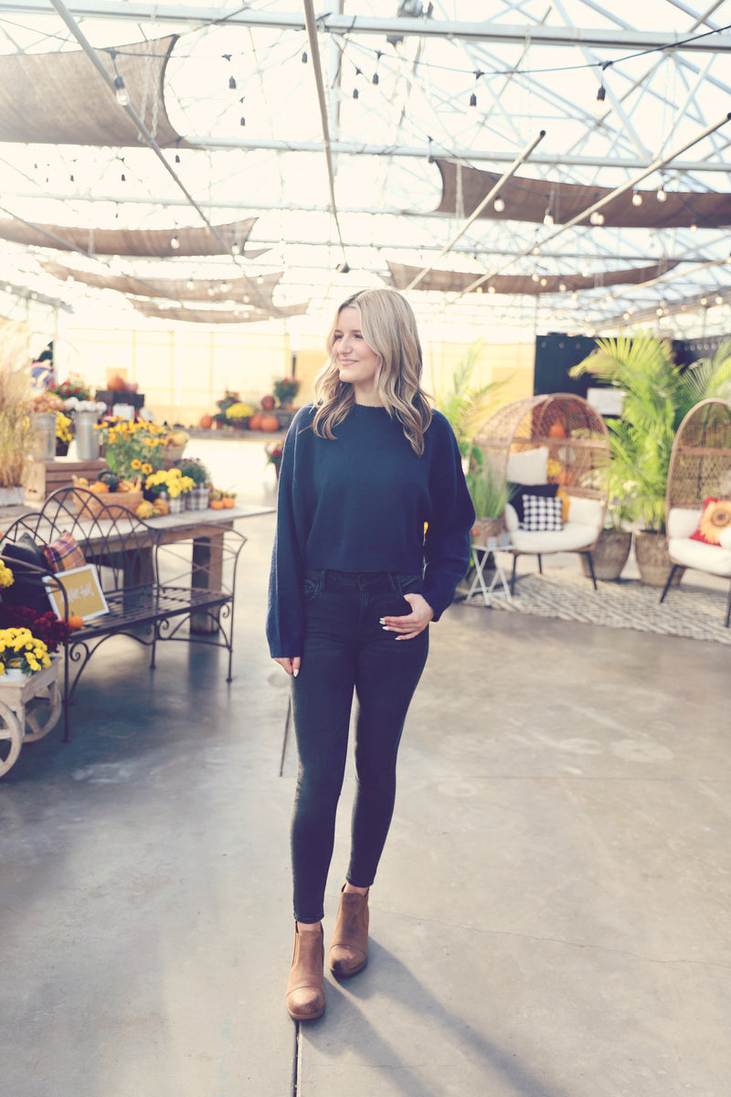 Navy Cropped Crew Neck Sweater